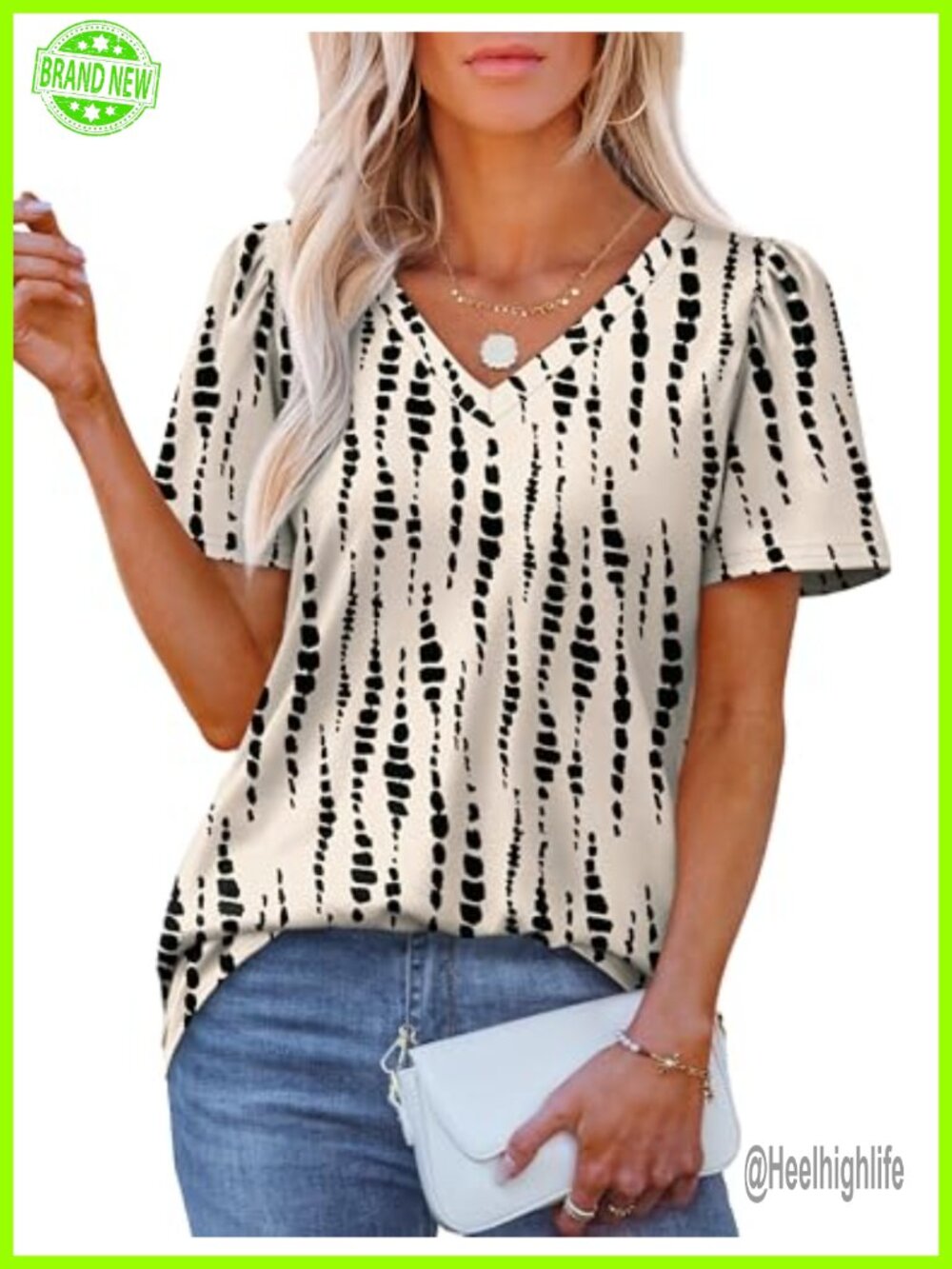 Women's V Neck Puff Short Sleeve T-Shirt Loose Fit Curved Hem Summer Top